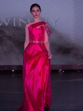 Runway Design | One-Shoulder FuchsiaSatin Evening Gown with Crystal Accents